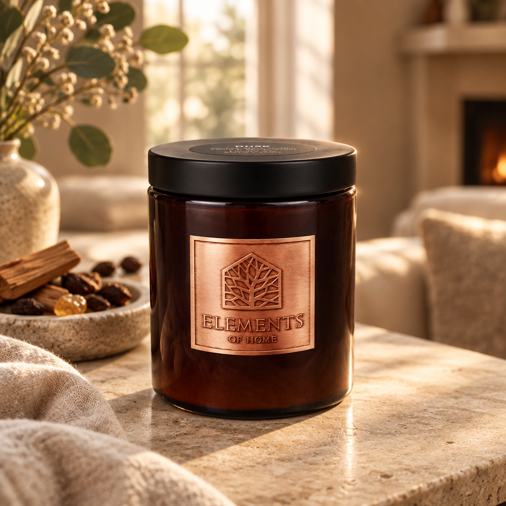 Dusk 140g luxury candle in an amber glass jar in a cosy living room – Elements of Fragrance