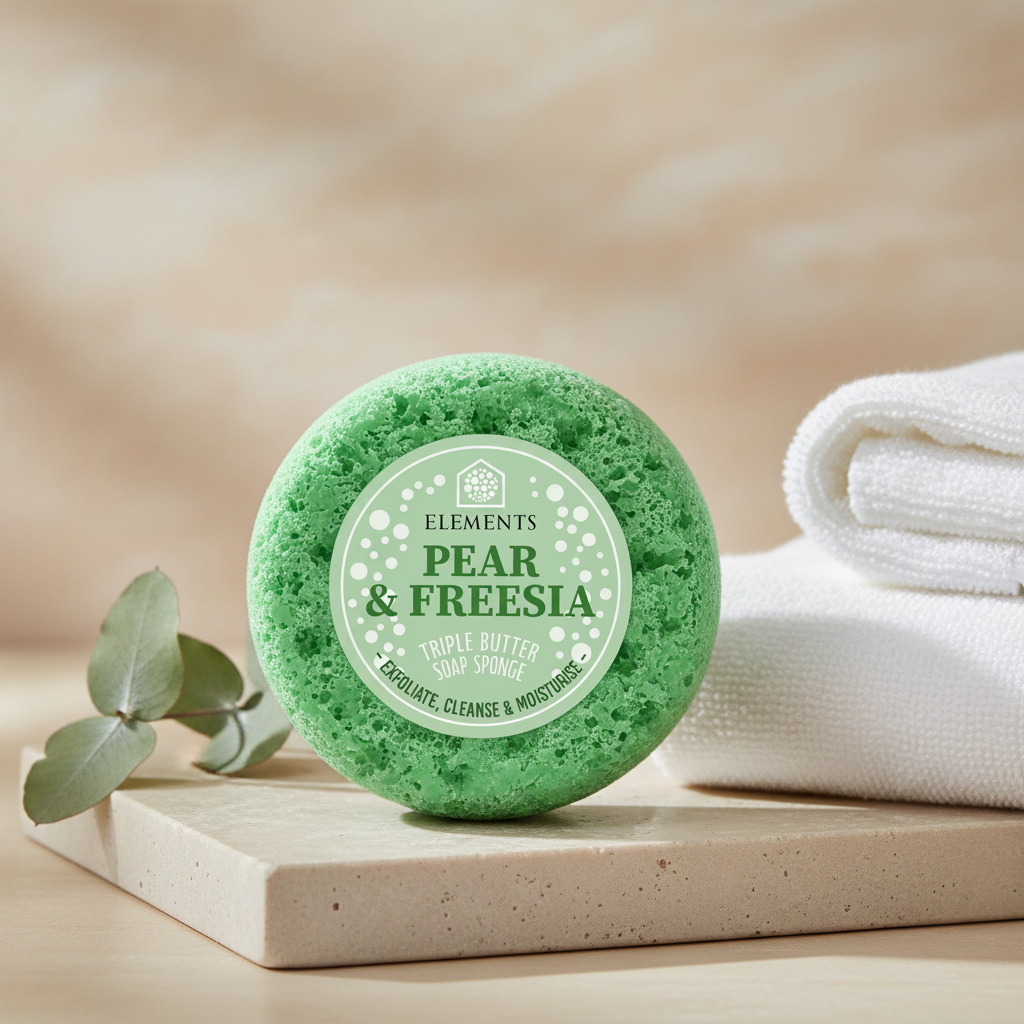 English Pear & Freesia triple butter soap sponge on a bathroom shelf with white towels – Elements of Fragrance