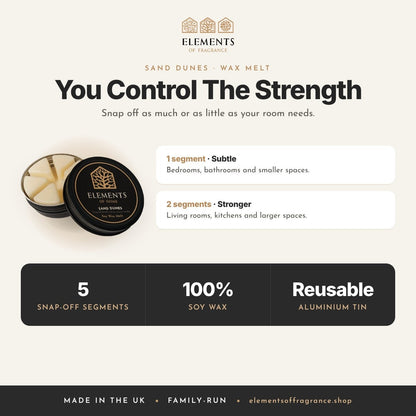 Sand Dunes Wax Melt: strength guide, 1 segment for subtle, 2 for stronger, 100% soy wax, reusable tin