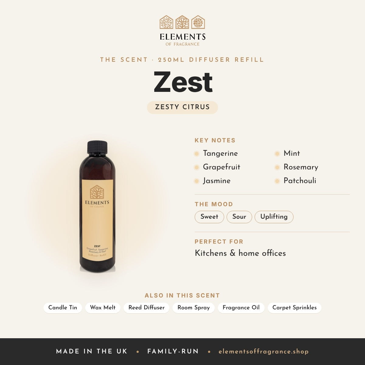 Zest 250ml Diffuser Refill scent profile: zesty citrus with notes of tangerine, grapefruit, jasmine, mint, rosemary, patchouli