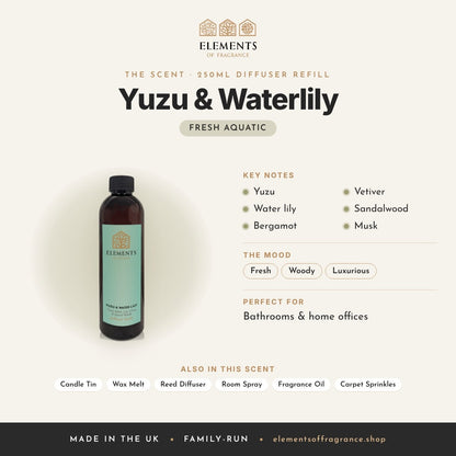 Yuzu & Waterlily 250ml Diffuser Refill scent profile: fresh aquatic with notes of yuzu, water lily, bergamot, vetiver, sandalwood, musk