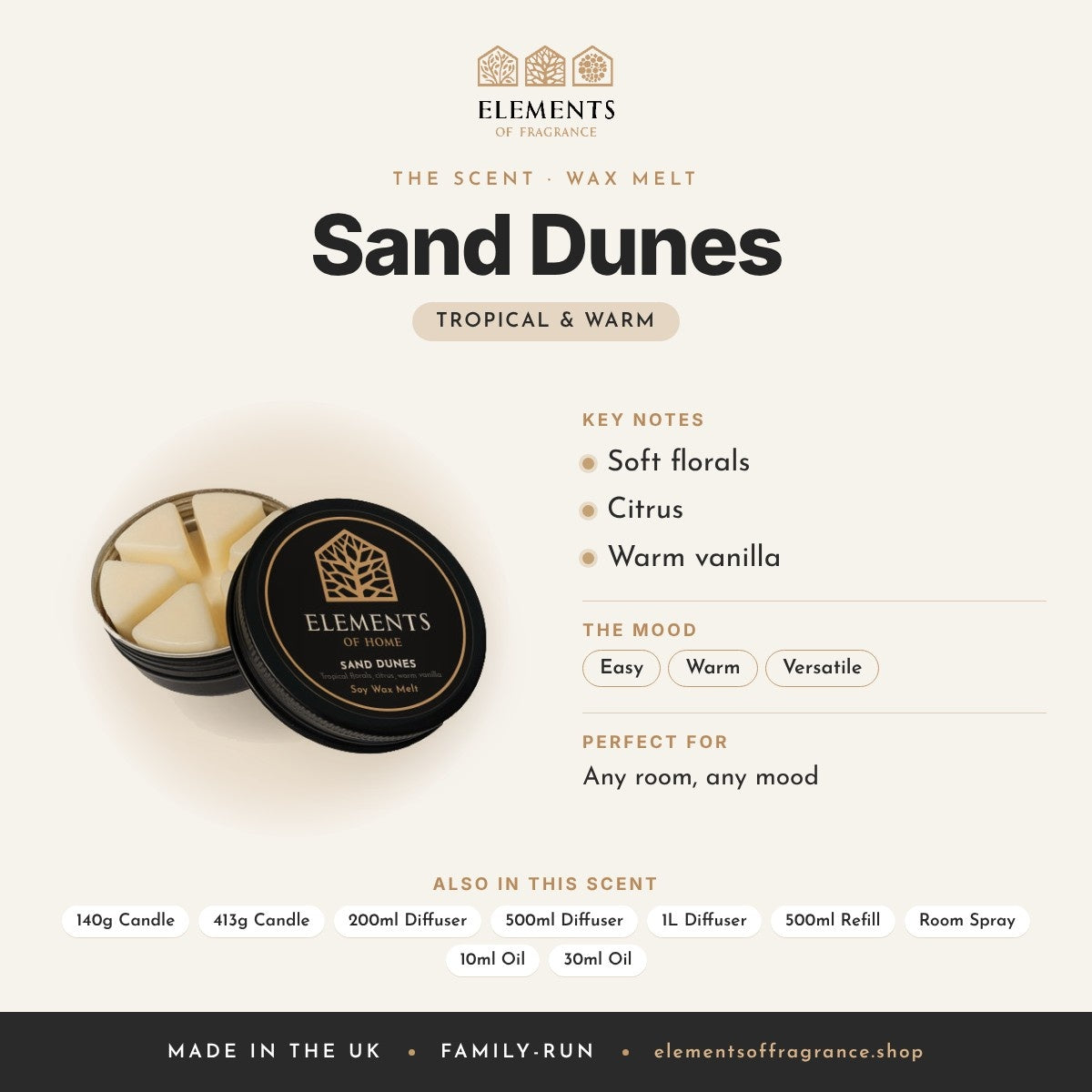 Sand Dunes Wax Melt scent profile: tropical & warm with notes of soft florals, citrus, warm vanilla