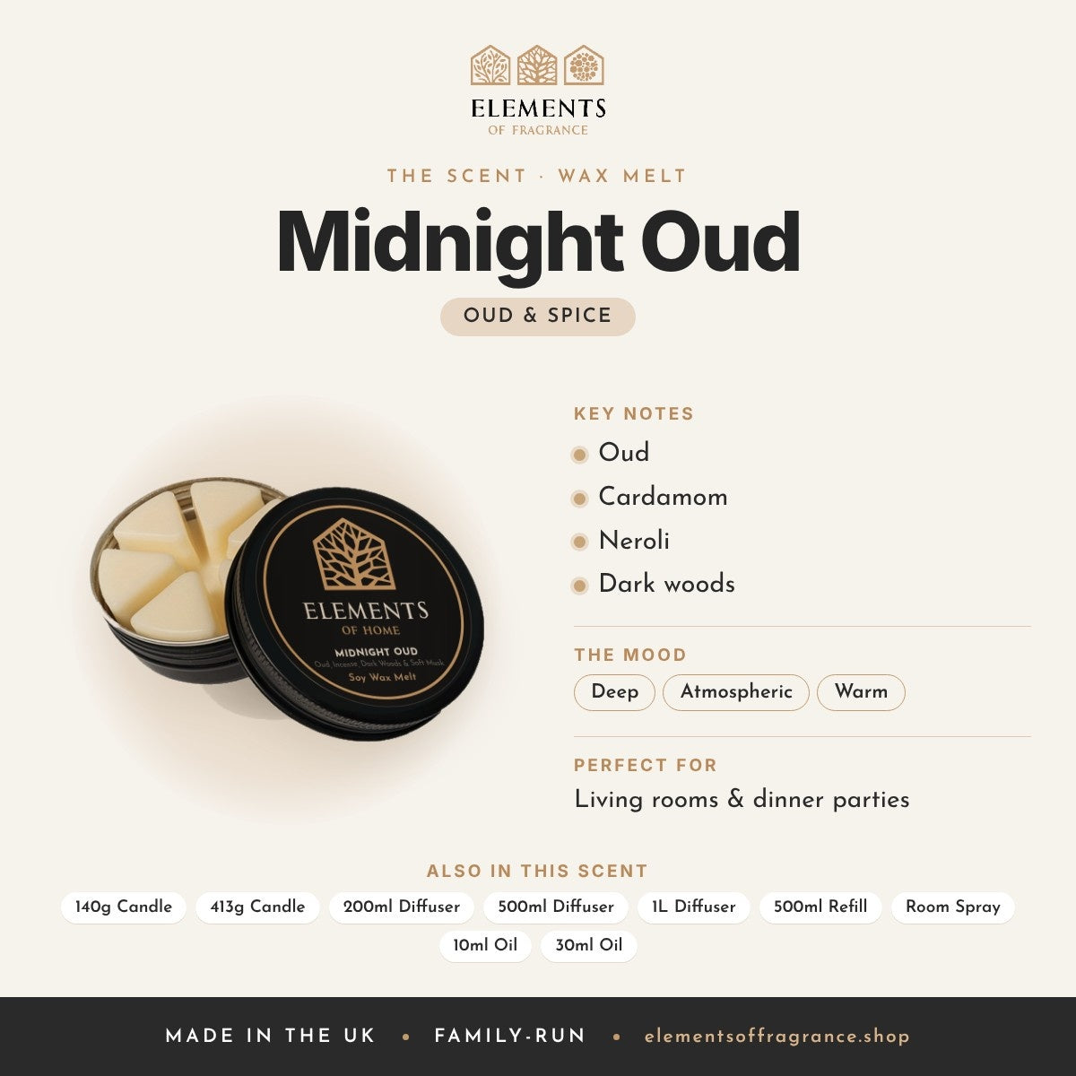 Midnight Oud Wax Melt scent profile: oud & spice with notes of oud, cardamom, neroli, dark woods