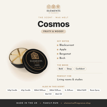Cosmos Wax Melt scent profile: fruity & woody with notes of blackcurrant, apple, bergamot, birch