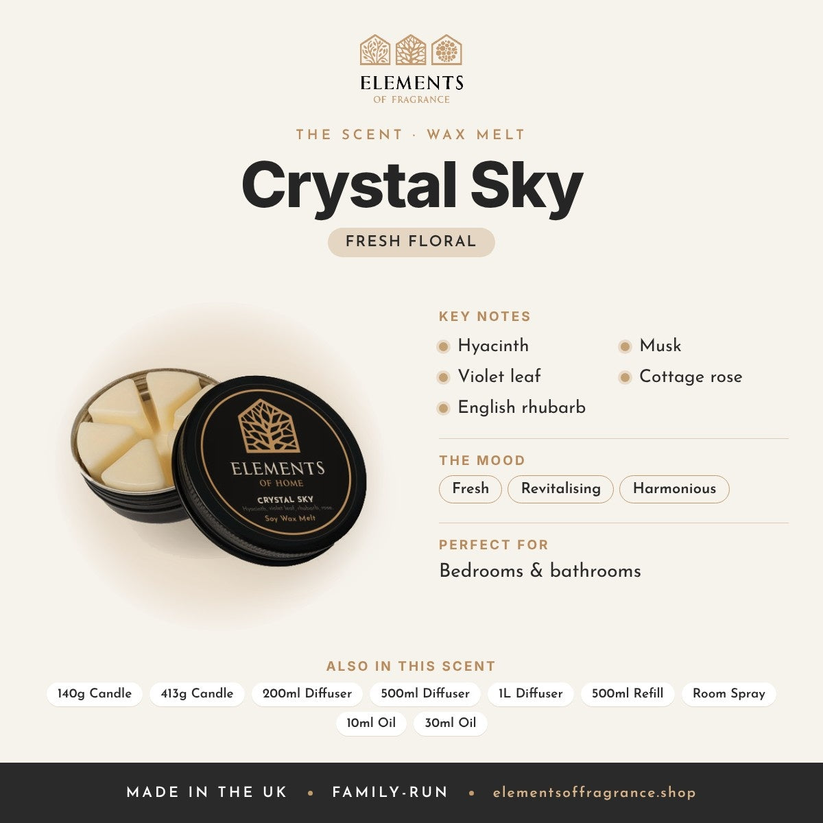 Crystal Sky Wax Melt scent profile: fresh floral with notes of hyacinth, violet leaf, english rhubarb, musk, cottage rose