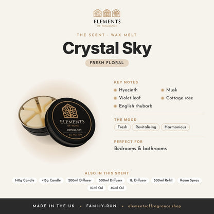 Crystal Sky Wax Melt scent profile: fresh floral with notes of hyacinth, violet leaf, english rhubarb, musk, cottage rose