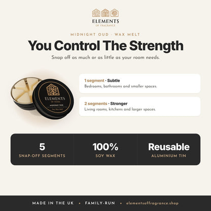 Midnight Oud Wax Melt: strength guide, 1 segment for subtle, 2 for stronger, 100% soy wax, reusable tin