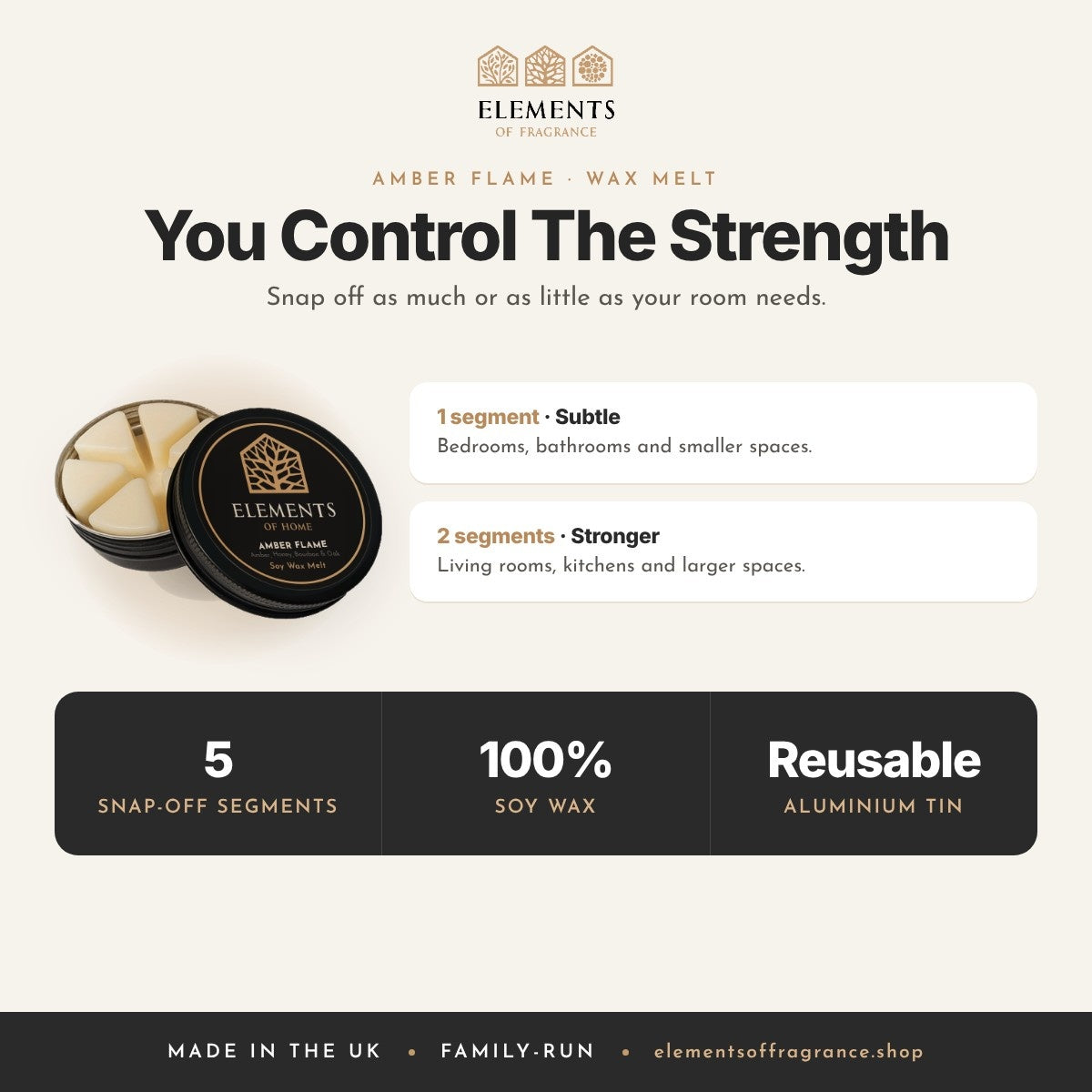 Amber Flame Wax Melt: strength guide, 1 segment for subtle, 2 for stronger, 100% soy wax, reusable tin