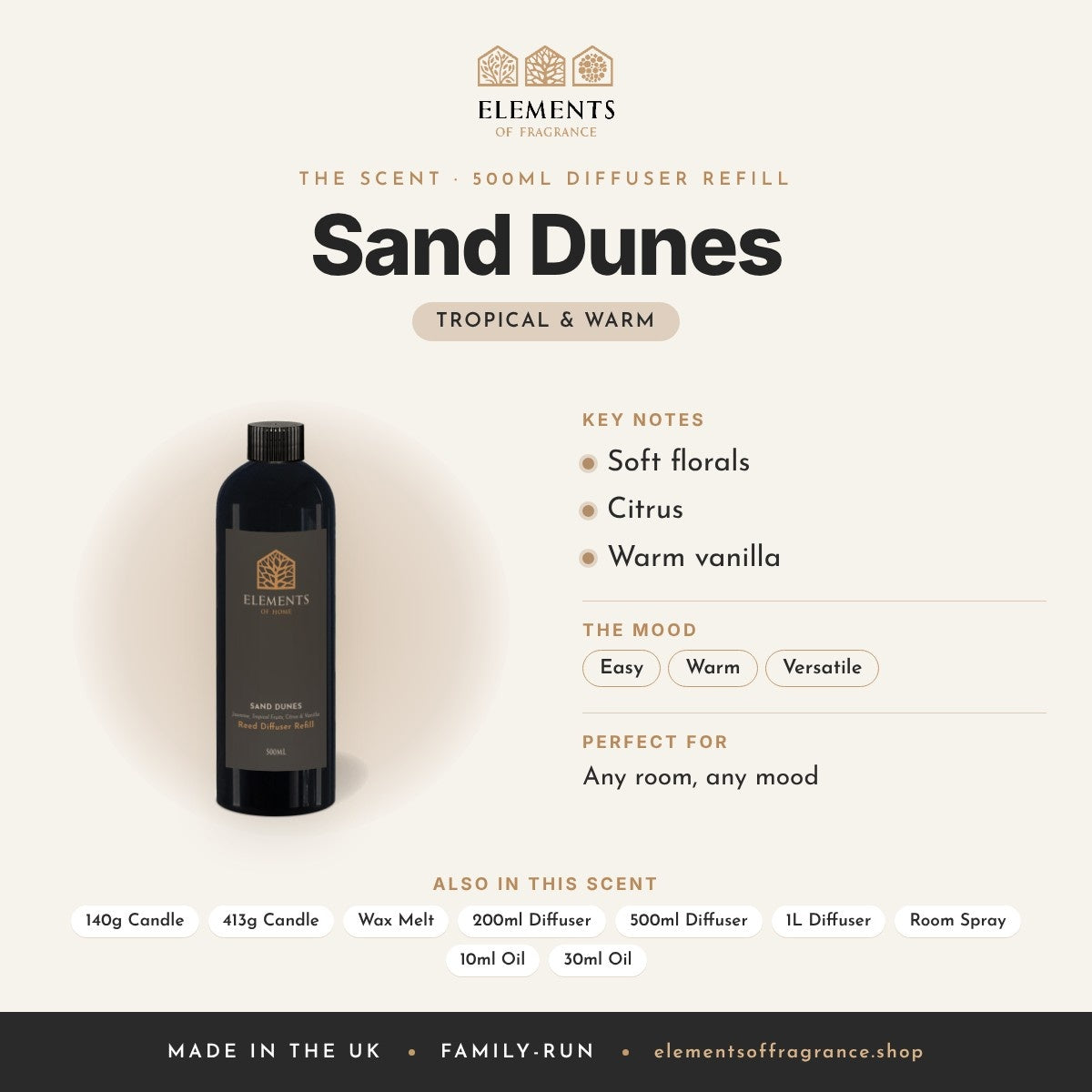 Sand Dunes 500ml Diffuser Refill scent profile: tropical & warm with notes of soft florals, citrus, warm vanilla
