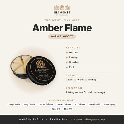 Amber Flame Wax Melt scent profile: warm & woody with notes of amber, honey, bourbon, oak