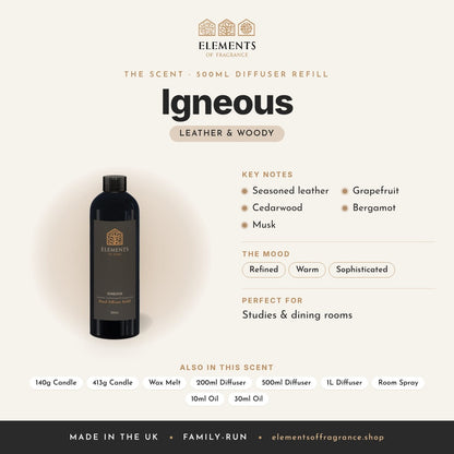 Igneous 500ml Diffuser Refill scent profile: leather & woody with notes of seasoned leather, cedarwood, musk, grapefruit, bergamot
