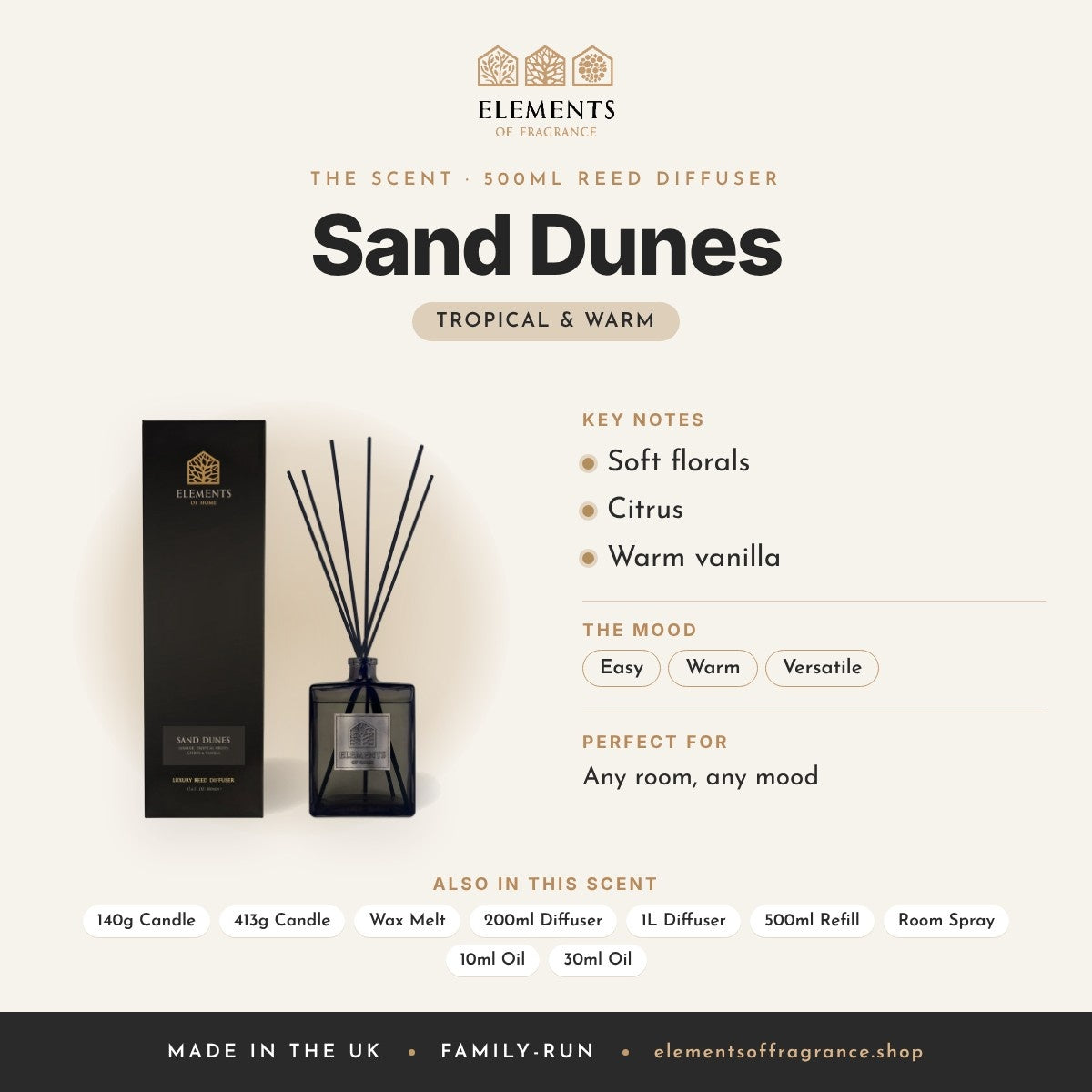 Sand Dunes 500ml Reed Diffuser scent profile: tropical & warm with notes of soft florals, citrus, warm vanilla