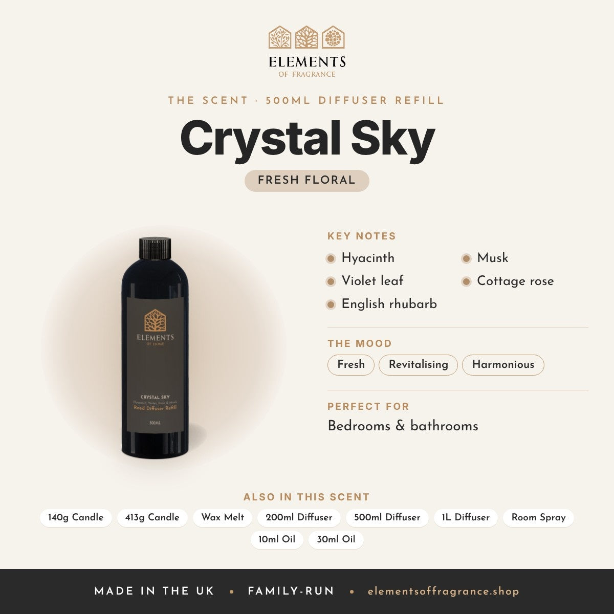 Crystal Sky 500ml Diffuser Refill scent profile: fresh floral with notes of hyacinth, violet leaf, english rhubarb, musk, cottage rose