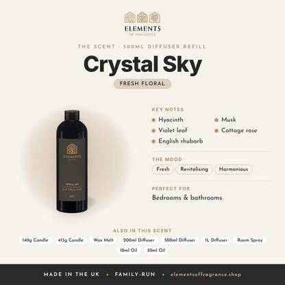 Crystal Sky 500ml Diffuser Refill scent profile: fresh floral with notes of hyacinth, violet leaf, english rhubarb, musk, cottage rose
