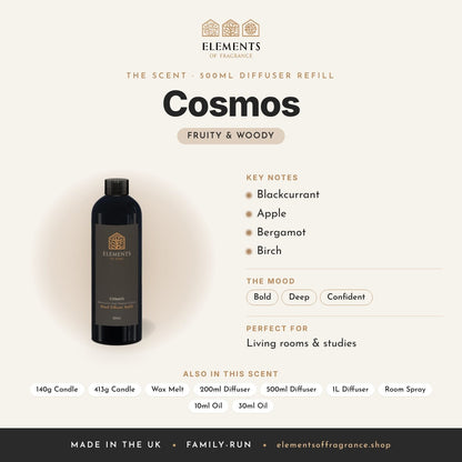 Cosmos 500ml Diffuser Refill scent profile: fruity & woody with notes of blackcurrant, apple, bergamot, birch