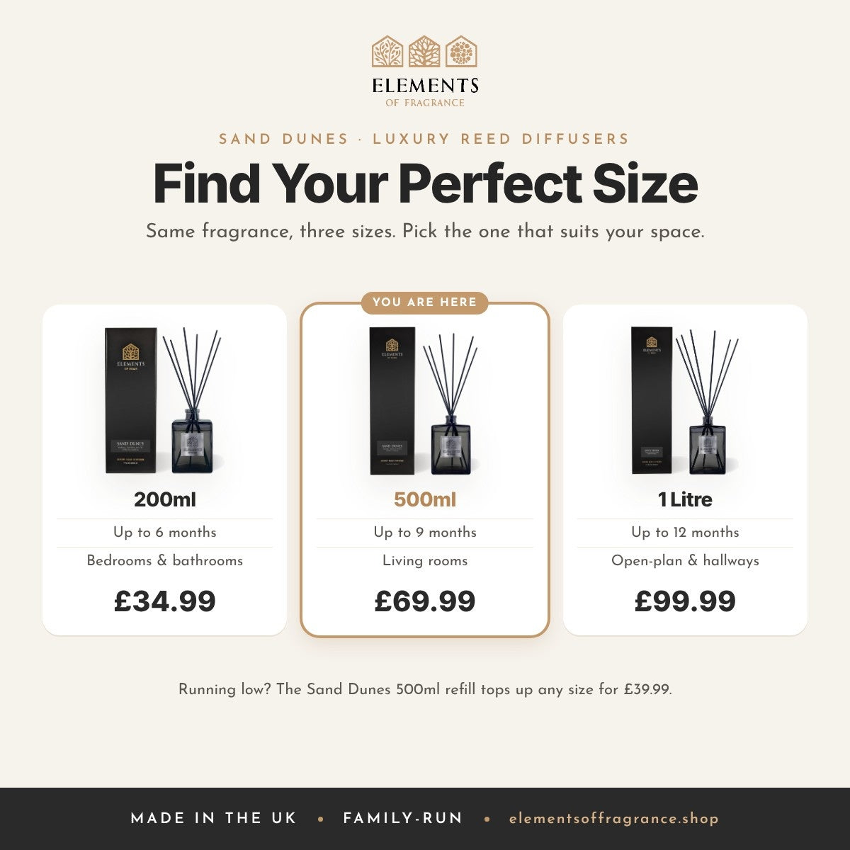 Sand Dunes 500ml Reed Diffuser: size guide comparing 200ml, 500ml and 1 litre luxury reed diffusers