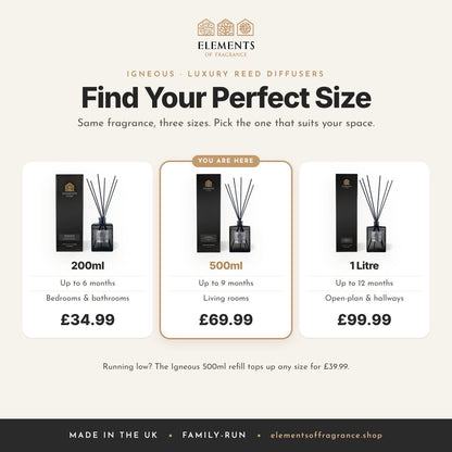 Igneous 500ml Reed Diffuser: size guide comparing 200ml, 500ml and 1 litre luxury reed diffusers