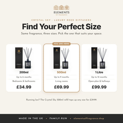 Crystal Sky 500ml Reed Diffuser: size guide comparing 200ml, 500ml and 1 litre luxury reed diffusers