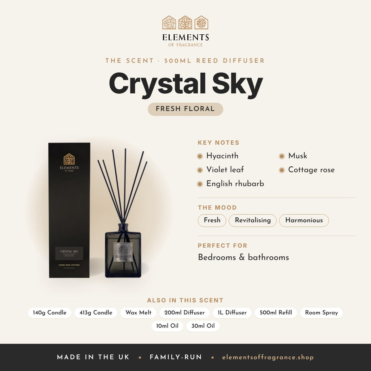 Crystal Sky 500ml Reed Diffuser scent profile: fresh floral with notes of hyacinth, violet leaf, english rhubarb, musk, cottage rose