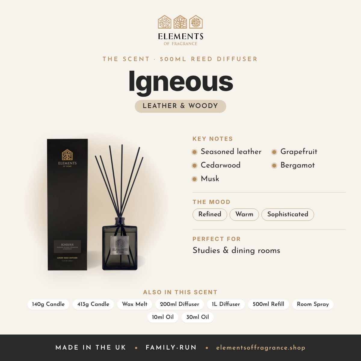 Igneous 500ml Reed Diffuser scent profile: leather & woody with notes of seasoned leather, cedarwood, musk, grapefruit, bergamot