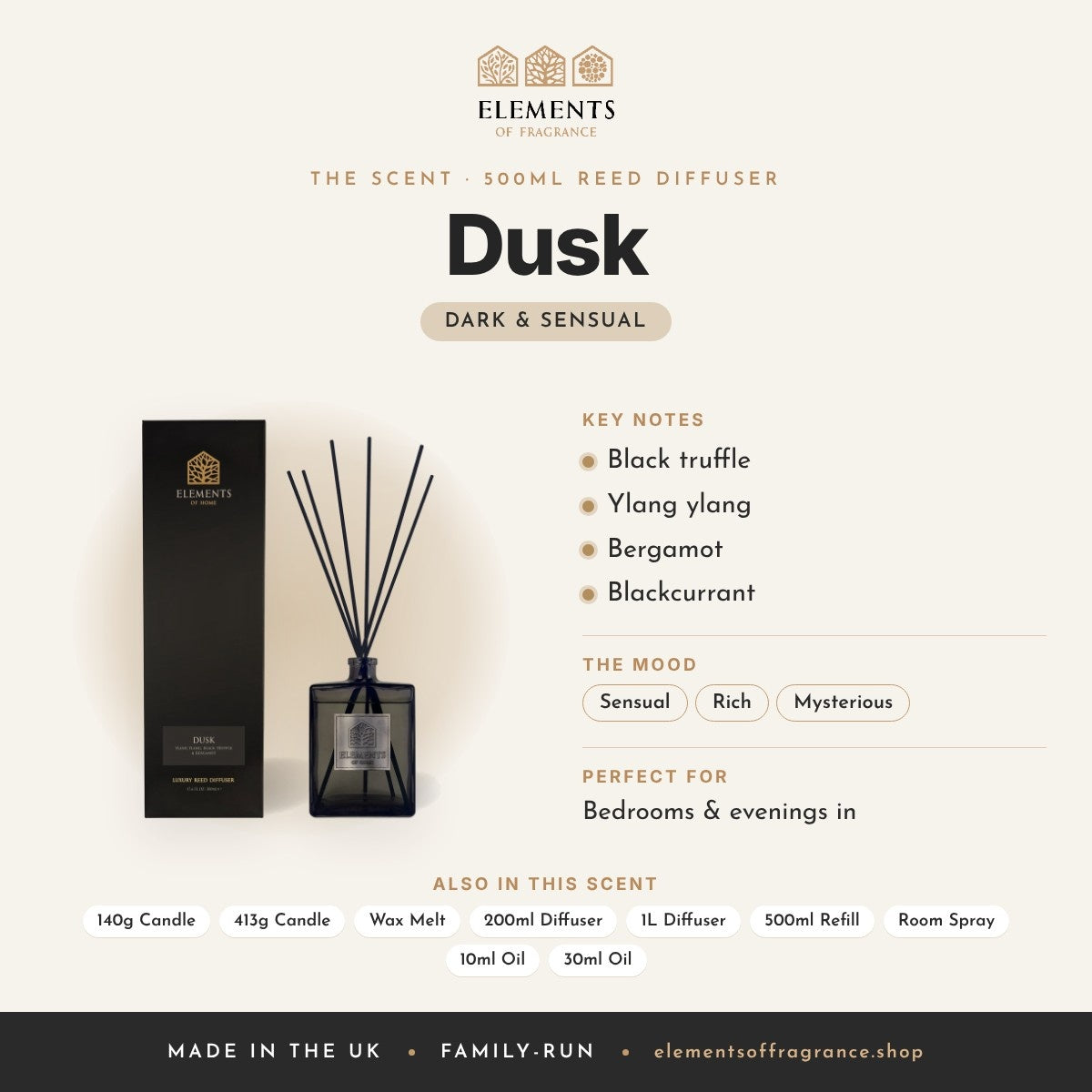 Dusk 500ml Reed Diffuser scent profile: dark & sensual with notes of black truffle, ylang ylang, bergamot, blackcurrant
