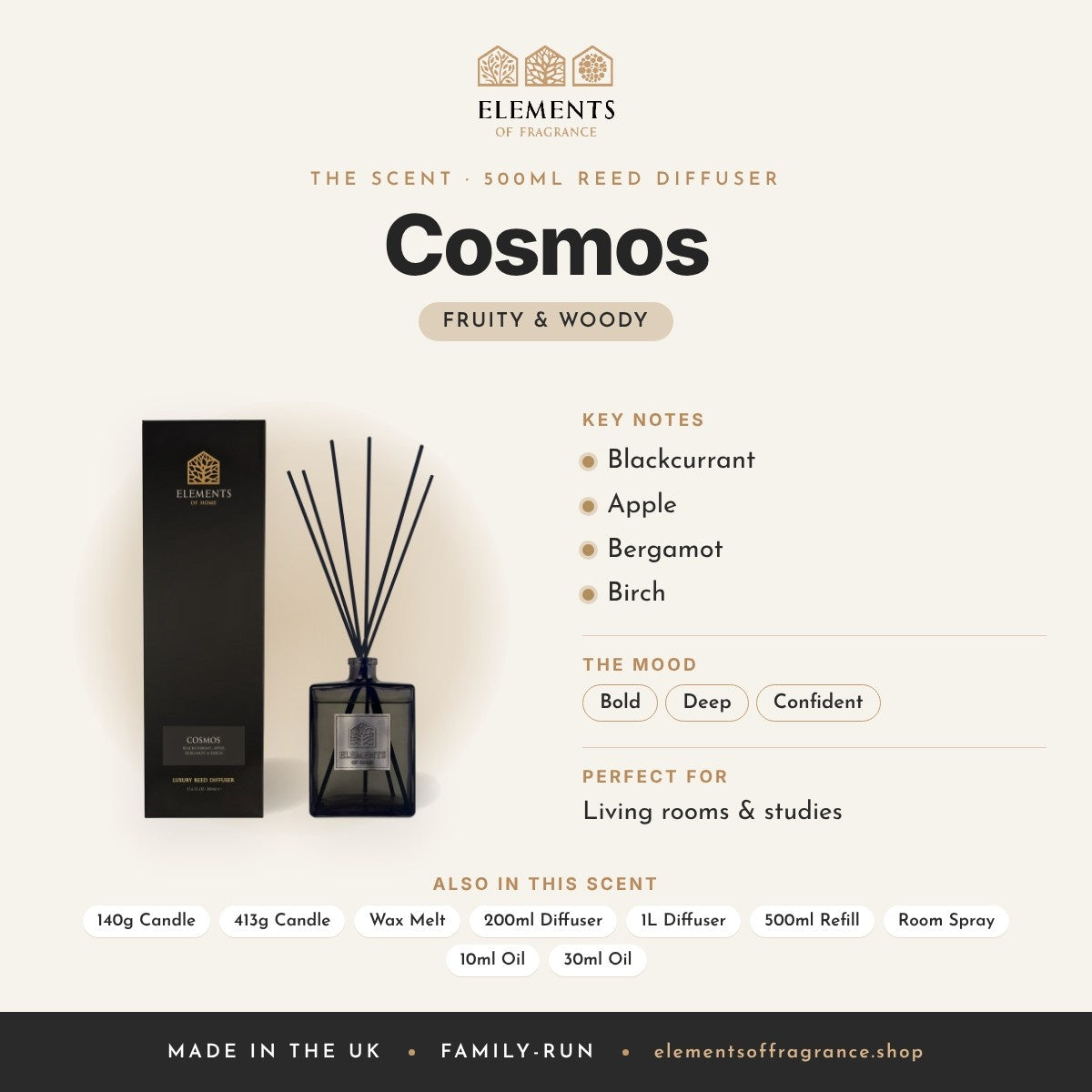 Cosmos 500ml Reed Diffuser scent profile: fruity & woody with notes of blackcurrant, apple, bergamot, birch