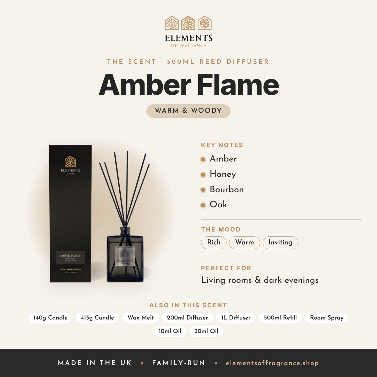 Amber Flame 500ml Reed Diffuser scent profile: warm & woody with notes of amber, honey, bourbon, oak
