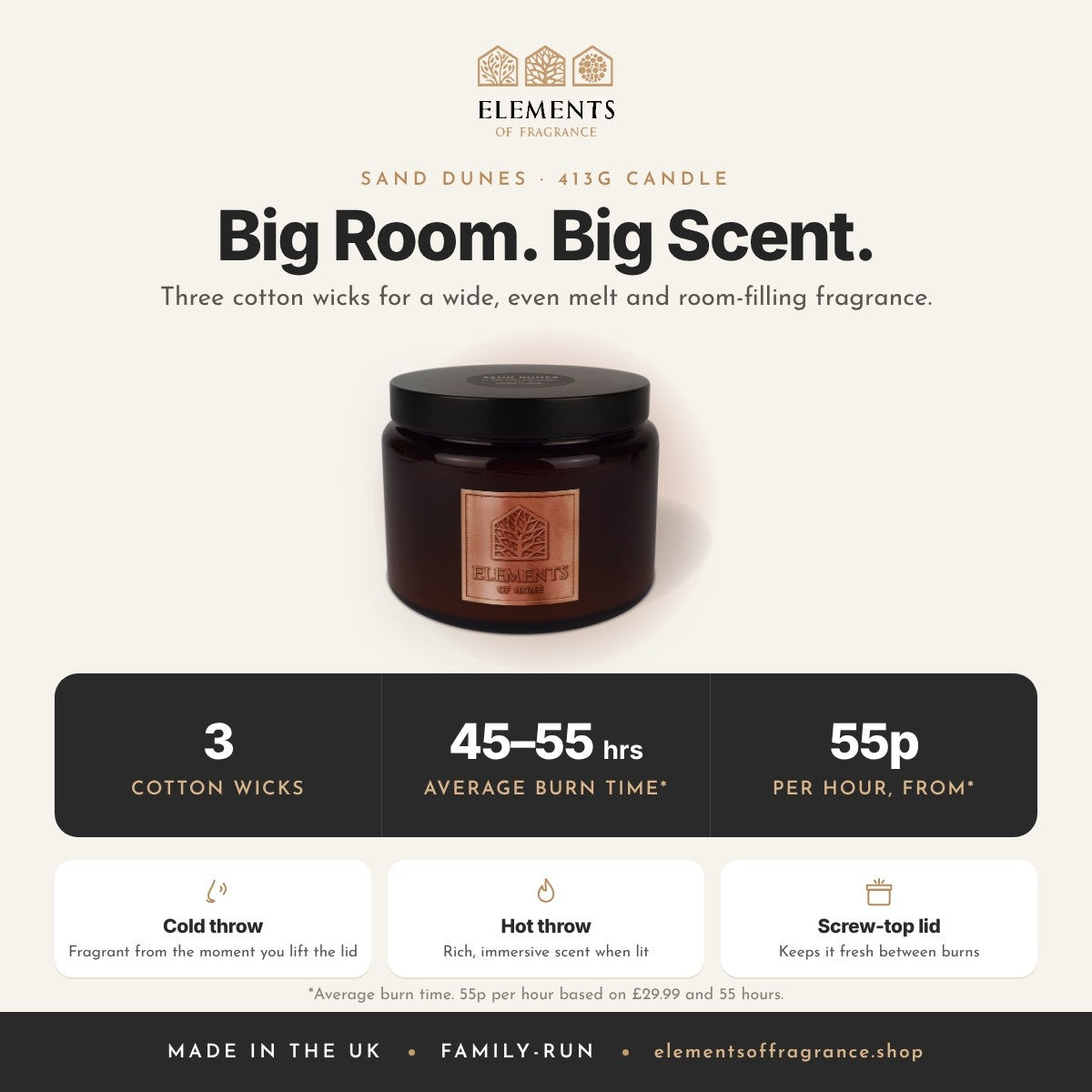 Sand Dunes 413g Candle: 3 cotton wicks, 45 to 55 hours average burn, from 55p per hour