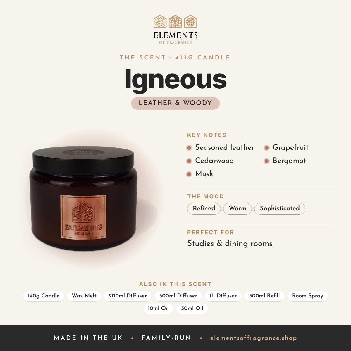 Igneous 413g Candle scent profile: leather & woody with notes of seasoned leather, cedarwood, musk, grapefruit, bergamot
