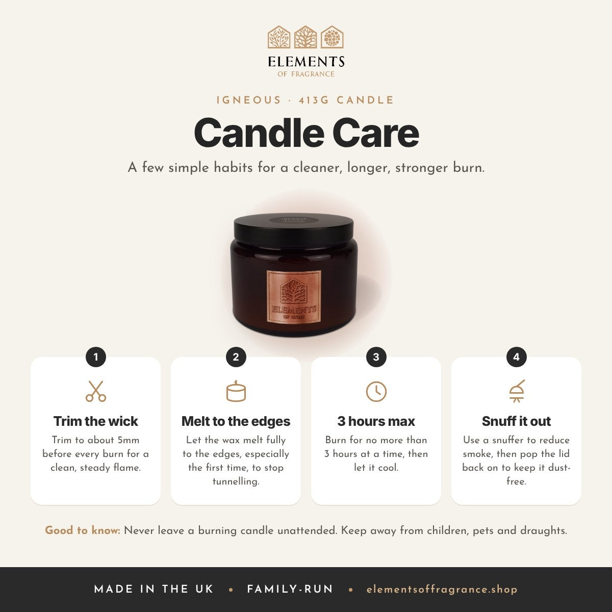 Candle care tips for the Igneous 413g Candle