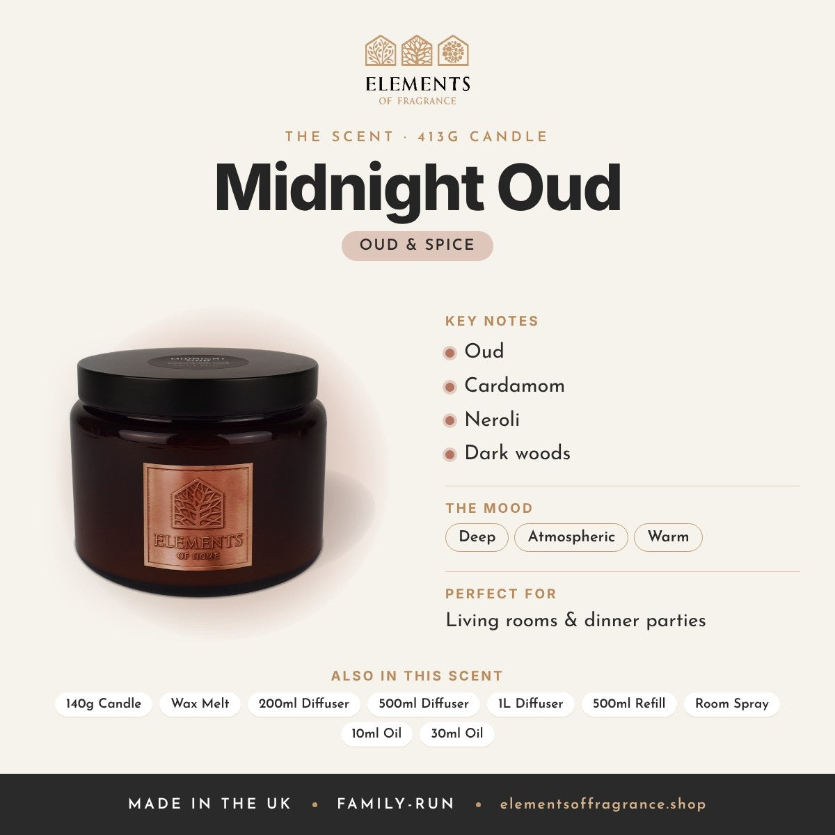 Midnight Oud 413g Candle scent profile: oud & spice with notes of oud, cardamom, neroli, dark woods