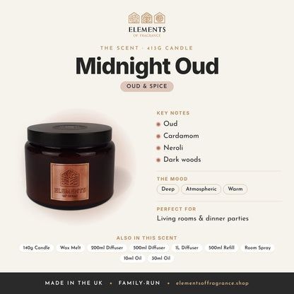 Midnight Oud 413g Candle scent profile: oud & spice with notes of oud, cardamom, neroli, dark woods