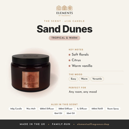 Sand Dunes 413g Candle scent profile: tropical & warm with notes of soft florals, citrus, warm vanilla