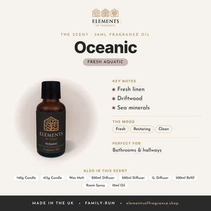Oceanic 30ml Fragrance Oil scent profile: fresh aquatic with notes of fresh linen, driftwood, sea minerals