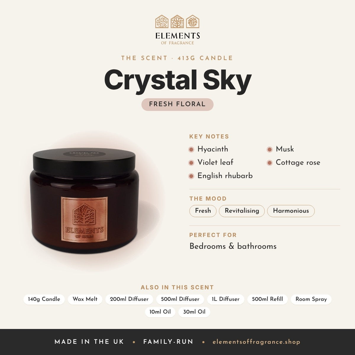 Crystal Sky 413g Candle scent profile: fresh floral with notes of hyacinth, violet leaf, english rhubarb, musk, cottage rose