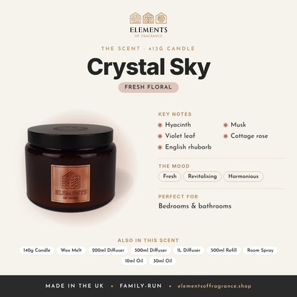Crystal Sky 413g Candle scent profile: fresh floral with notes of hyacinth, violet leaf, english rhubarb, musk, cottage rose