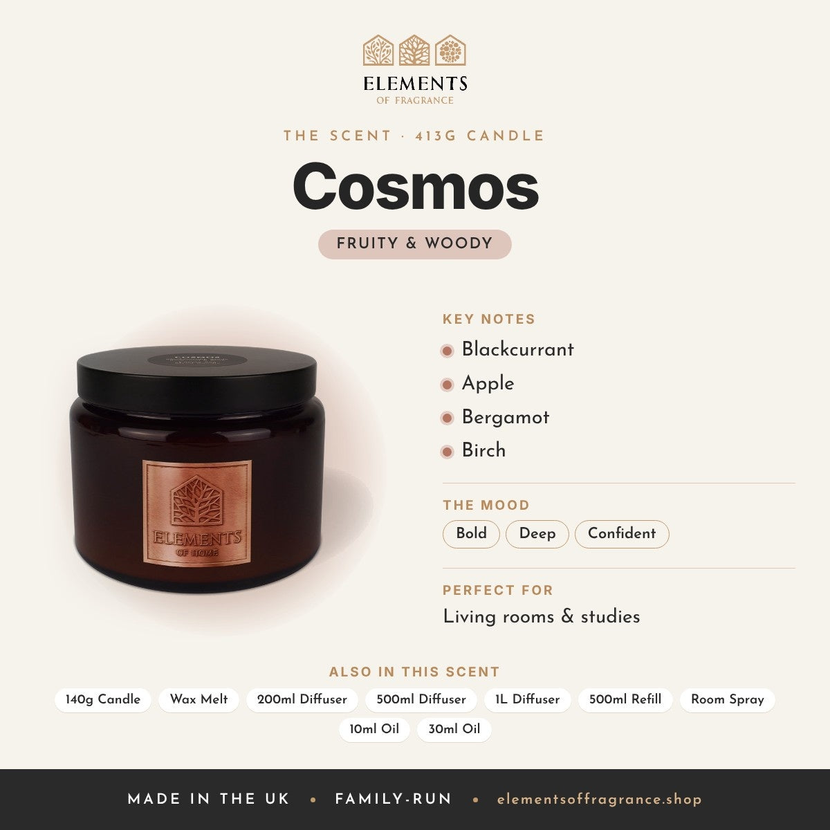 Cosmos 413g Candle scent profile: fruity & woody with notes of blackcurrant, apple, bergamot, birch
