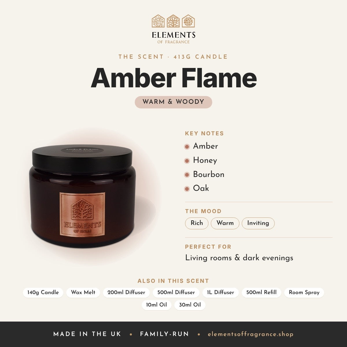 Amber Flame 413g Candle scent profile: warm & woody with notes of amber, honey, bourbon, oak