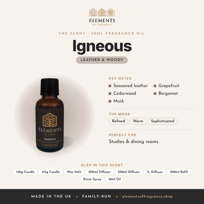 Igneous 30ml Fragrance Oil scent profile: leather & woody with notes of seasoned leather, cedarwood, musk, grapefruit, bergamot