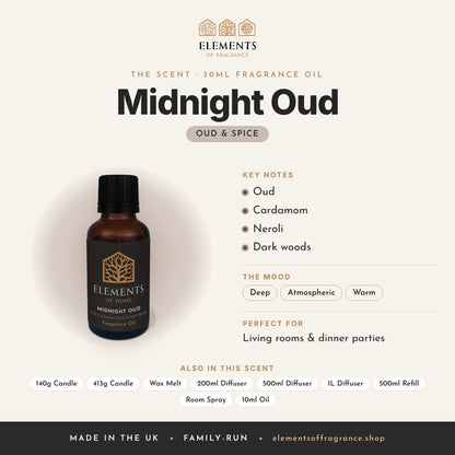 Midnight Oud 30ml Fragrance Oil scent profile: oud & spice with notes of oud, cardamom, neroli, dark woods