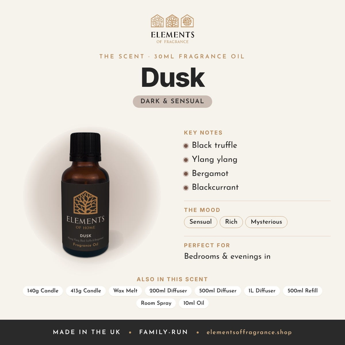 Dusk 30ml Fragrance Oil scent profile: dark & sensual with notes of black truffle, ylang ylang, bergamot, blackcurrant
