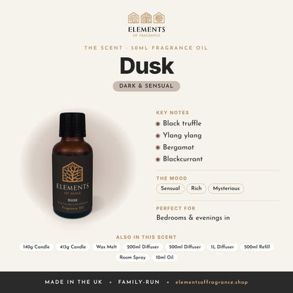 Dusk 30ml Fragrance Oil scent profile: dark & sensual with notes of black truffle, ylang ylang, bergamot, blackcurrant