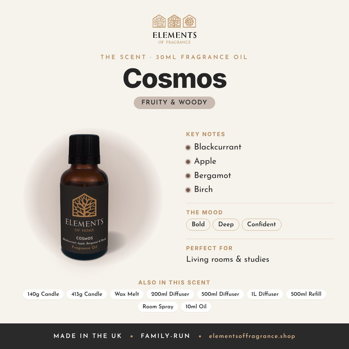 Cosmos 30ml Fragrance Oil scent profile: fruity & woody with notes of blackcurrant, apple, bergamot, birch