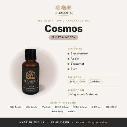 Cosmos 30ml Fragrance Oil scent profile: fruity & woody with notes of blackcurrant, apple, bergamot, birch