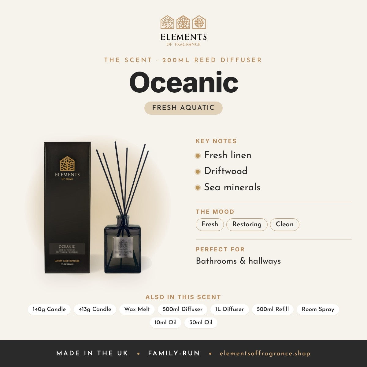 Oceanic 200ml Reed Diffuser scent profile: fresh aquatic with notes of fresh linen, driftwood, sea minerals