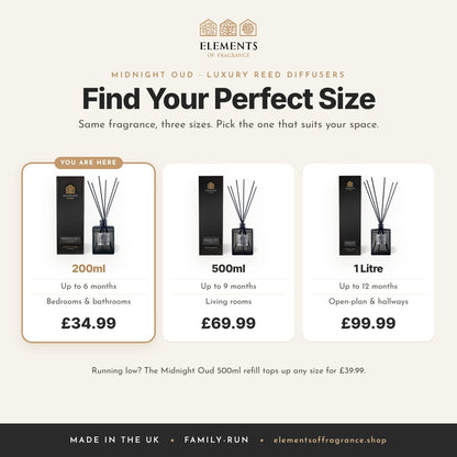Midnight Oud 200ml Reed Diffuser: size guide comparing 200ml, 500ml and 1 litre luxury reed diffusers