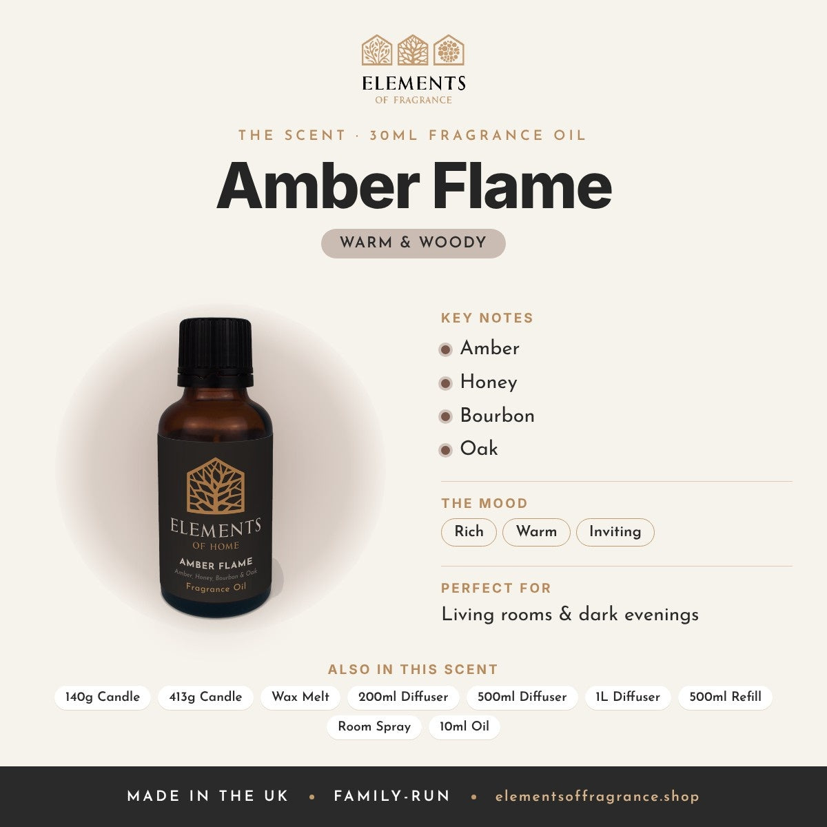 Amber Flame 30ml Fragrance Oil scent profile: warm & woody with notes of amber, honey, bourbon, oak