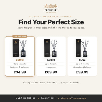 Cosmos 200ml Reed Diffuser: size guide comparing 200ml, 500ml and 1 litre luxury reed diffusers