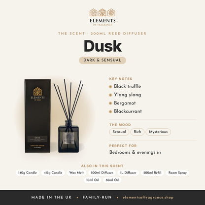 Dusk 200ml Reed Diffuser scent profile: dark & sensual with notes of black truffle, ylang ylang, bergamot, blackcurrant