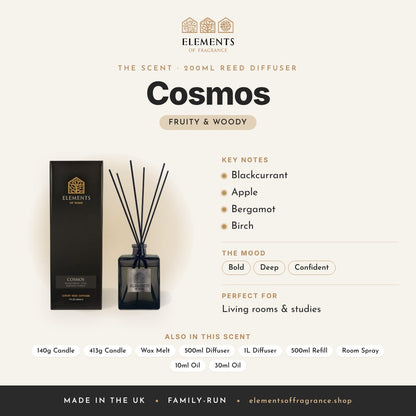 Cosmos 200ml Reed Diffuser scent profile: fruity & woody with notes of blackcurrant, apple, bergamot, birch